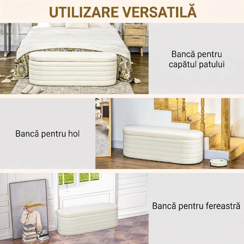 HOMCOM Bancă pentru Capătul Patului din Material Teddy cu Spațiu de Depozitare pentru Hol și Dormitor, 116x41x40.5 cm, Crem