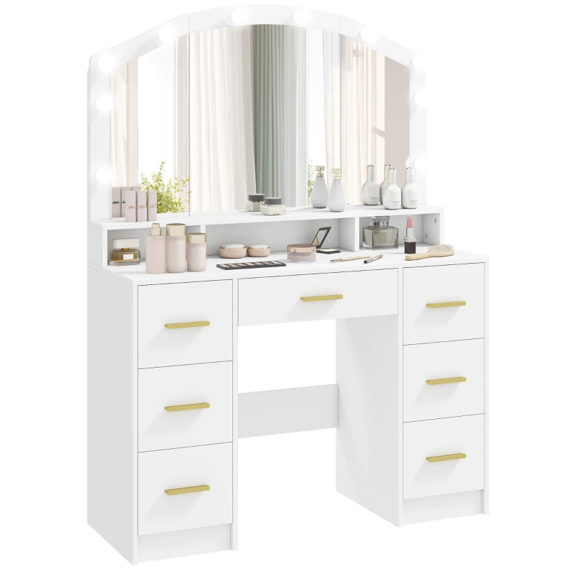 HOMCOM Coiffeuse avec Miroir, Lumières LED Réglable 3 Couleurs, 7 Tiroirs, 3 Compartiments Ouverts, 110 x 40 x 150 cm, Blanc(m-12)