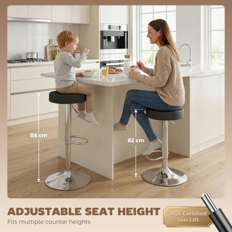 HOMCOM Bar Stools Set of 2, Modern PU Leather Swivel Barstools, Height Adjustable Breakfast Bar Chairs with Footrest, Black