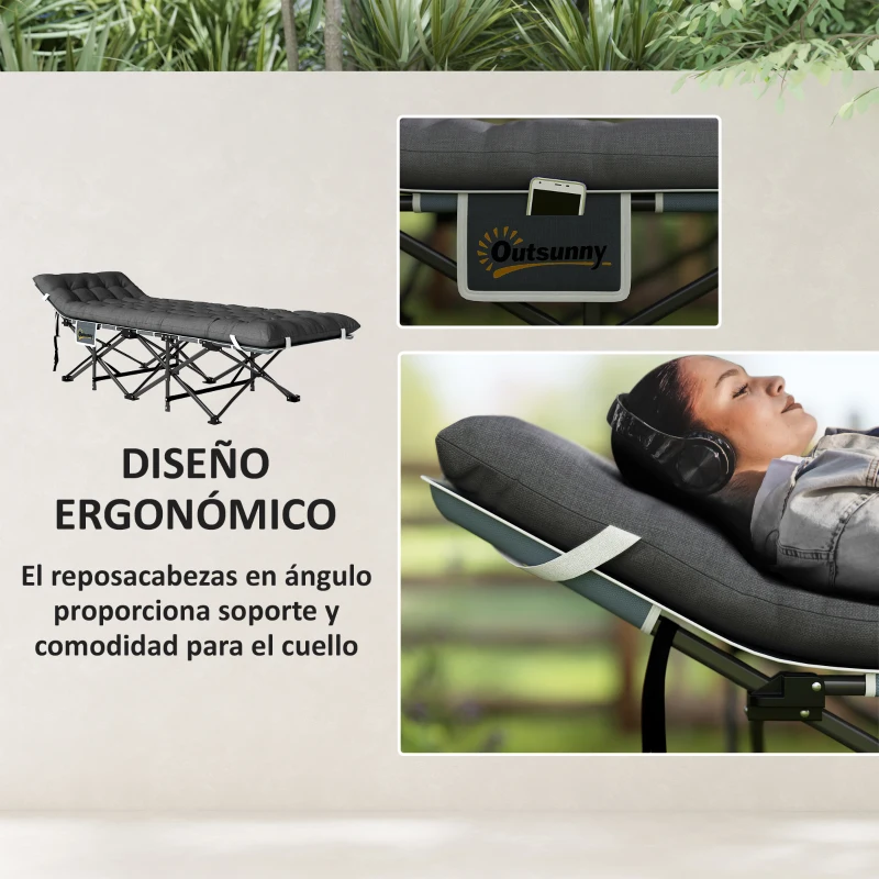 Outsunny Cama de Camping Plegable con Colchón Extraíble Reposacabezas y Bolsa de Transporte 186x68x37 cm Gris Oscuro