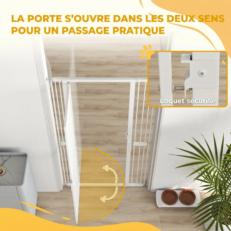PawHut Barrière de Sécurité Animaux 180 cm, Largeur Ajustable 77-104 cm, Ouverture à Double Sens, Montage par Pression, Blanc(m-7)