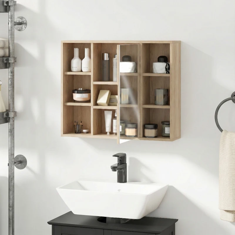 HOMCOM Meuble salle de bain avec miroir, placard à portes et 6 compartiments ouverts, 60 x 14,5 x 49,4 cm, bois naturel