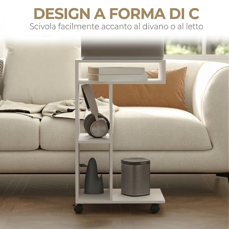 HOMCOM Tavolino da Soggiorno con Rotelle e Mensola Aperta, a Forma di C in Legno, 40x30x69 cm, Bianco