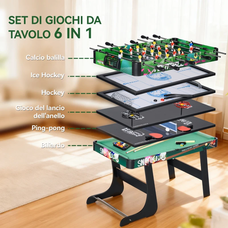 HOMCOM Tavolo da Gioco 6 in 1 con Calcio Balilla, Biliardo, Air Hockey, Ping Pong, Anelli e Hockey su Prato, 118x104x71 cm