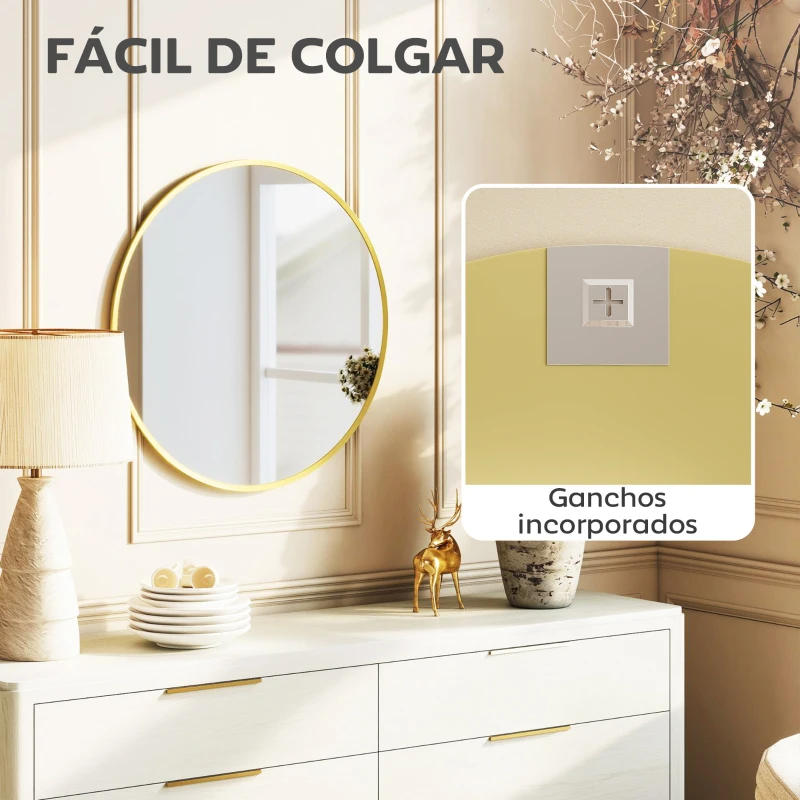 HOMCOM Espejo de Pared Redondo Ø 61 cm Marco de Aleación de Aluminio para Baño Dormitorio Salón Pasillo Dorado
