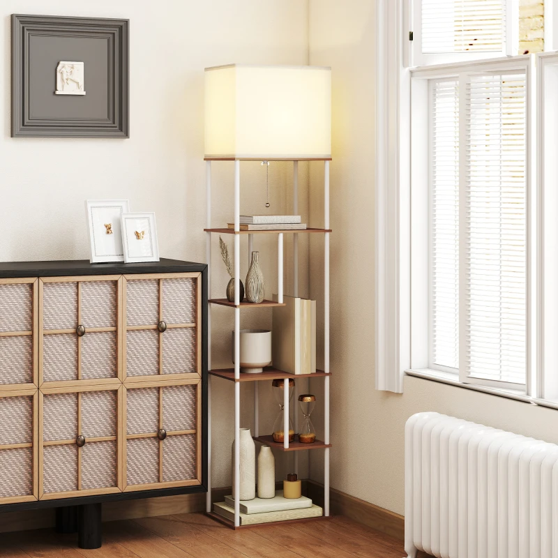 HOMCOM Candeeiro de Pé com Prateleiras Brilho e Temperaturas de Cor Ajustáveis 3000K-6500K e Temporizador 40x29x171 cm Branco e Madeira