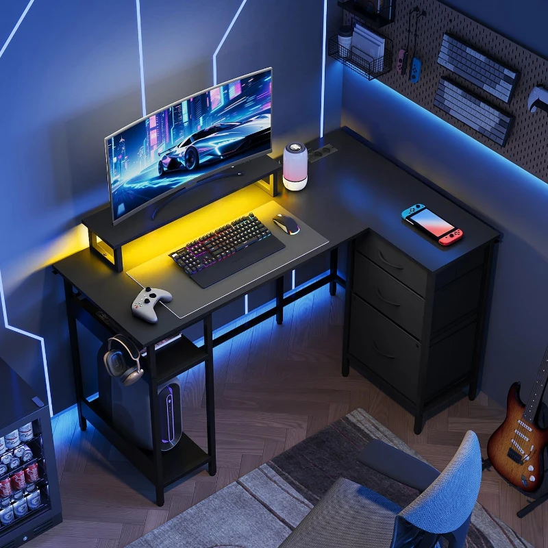 L-förmiger Eckschreibtisch mit integrierter LED-Beleuchtung, 3 Stoffschubladen, 2 offene Ablagen, 123x80x75 cm, Schwarz
