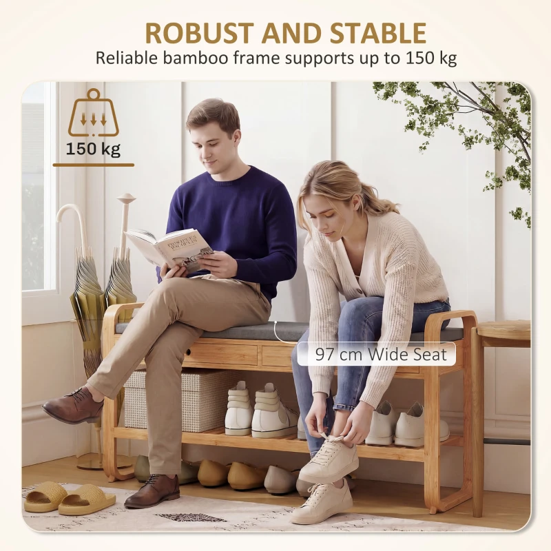 HOMCOM Shoe Bench with 2 Drawers Cushioned Seat Shoe Storage Bench for Hallway 105 cm Natural and Grey
