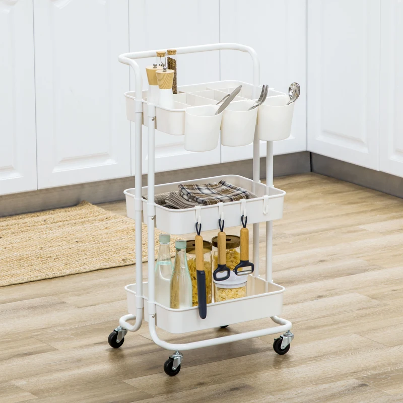 HOMCOM Chariot à 3 niveaux desserte avec 4 crochets et 3 boîtes suspendues amovibles pour 42 x 38 x 86,5 cm blanc