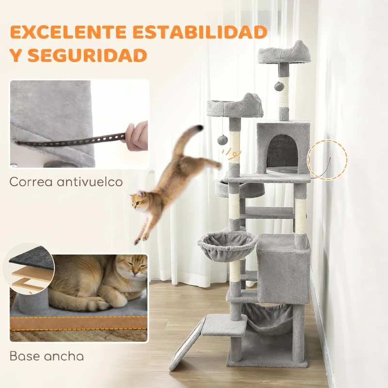 PawHut Árbol Rascador Grande para Gatos 192 cm con 3 Camas 2 Casitas 2 Hamacas Escalera Rascadora Postes de Sisal Gris Claro