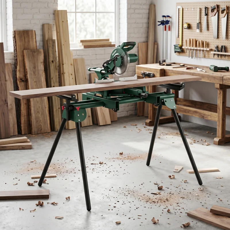 HOMCOM Suporte para Serra de Meia-Esquadria Universal com Rolos Extensíveis 94-195 cm Ajustável e Dobrável Carga 150 kg Verde