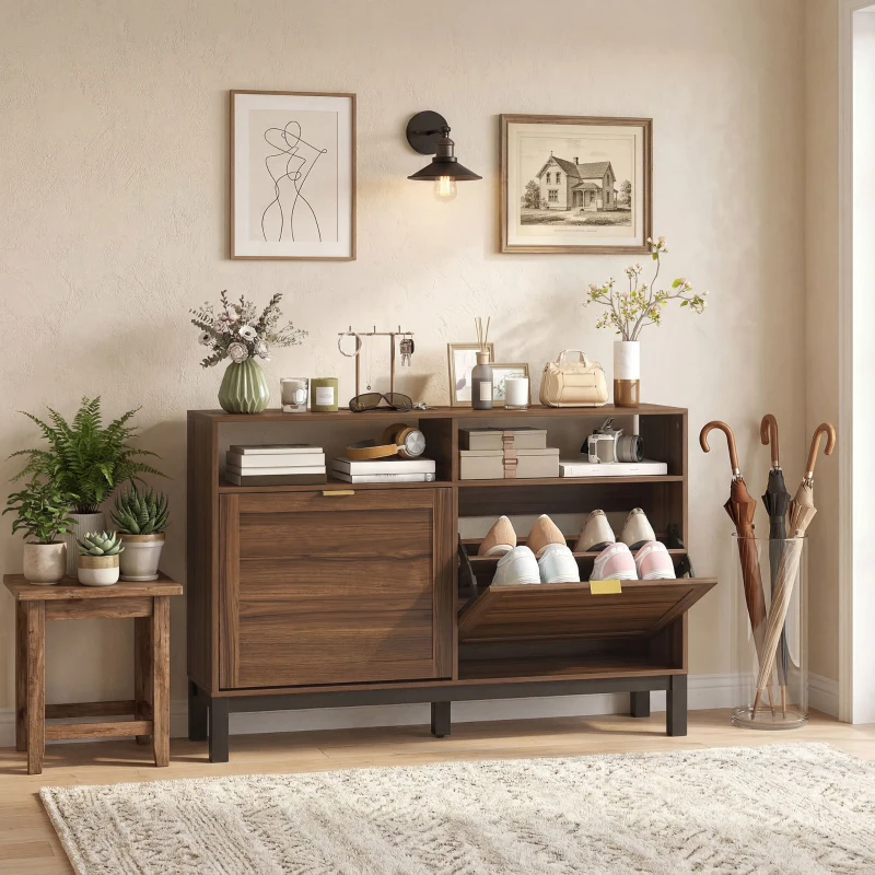 HOMCOM Shoe Cabinet with 2 Flip Drawers, Narrow Shoe Storage Top for Entryway Hallway, Rustic Brown