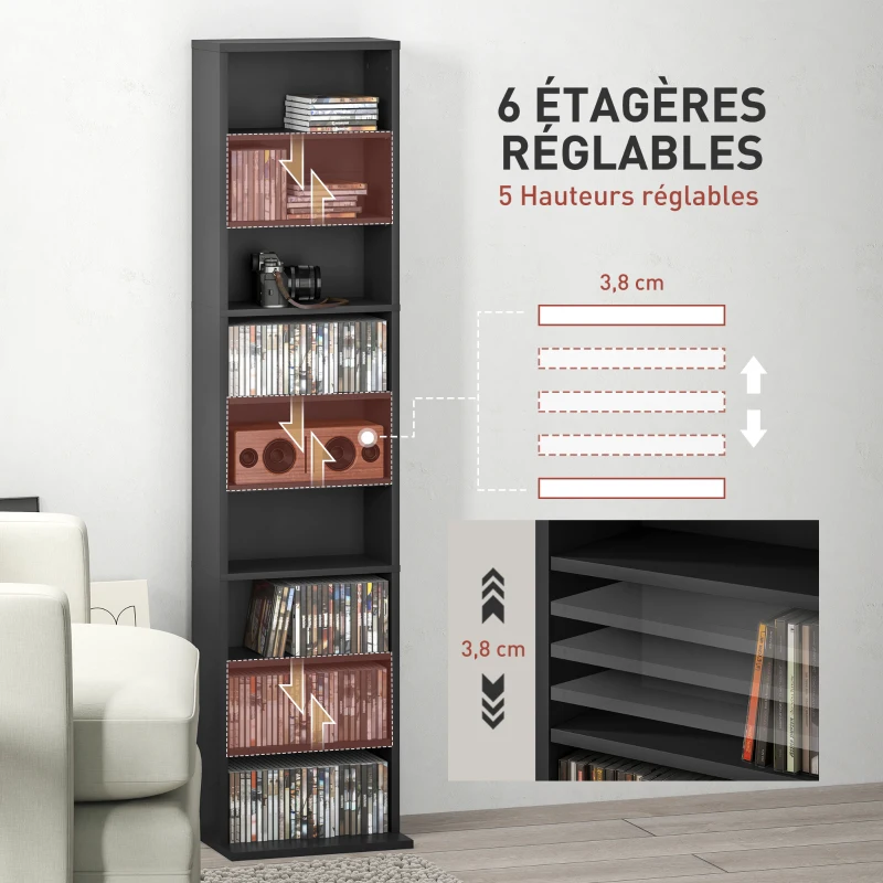 HOMCOM Rangements pour CD et DVD 9 compartiments et 6 étagères réglables capacité max. 260 CD/120 DVD 33 x 24 x 140 cm noir
