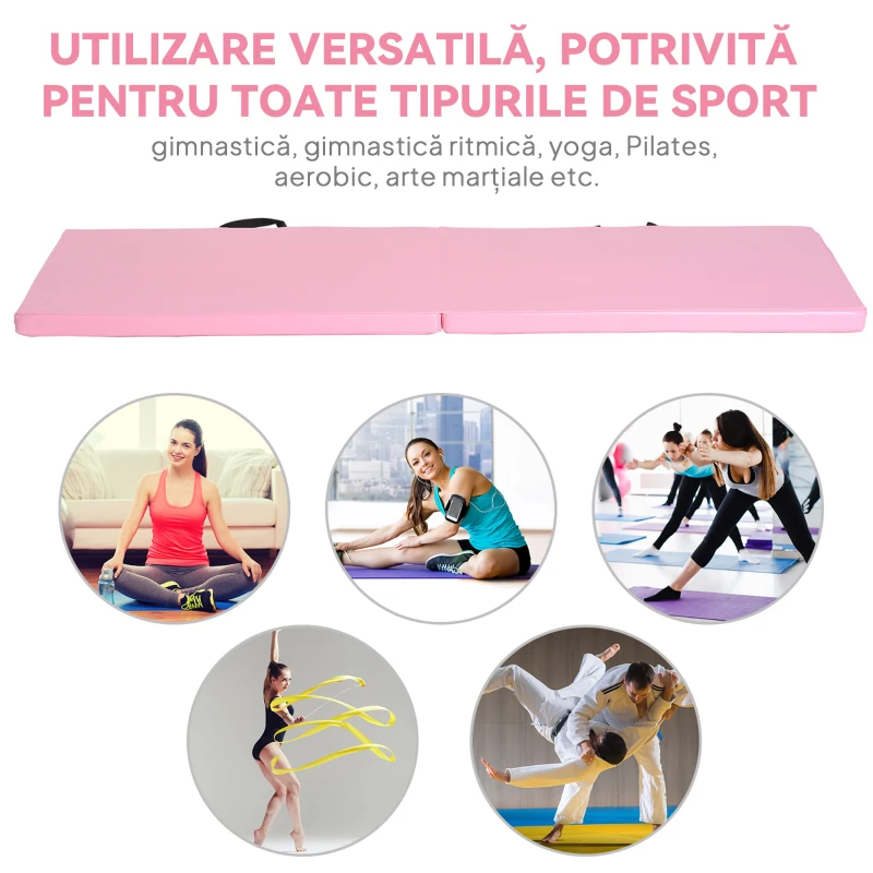 Covoraș de Gimnastică Pliabil HOMCOM, Covoraș Fitness Gros de 5 cm și Antiderapant, 180x60x5 cm, Roz