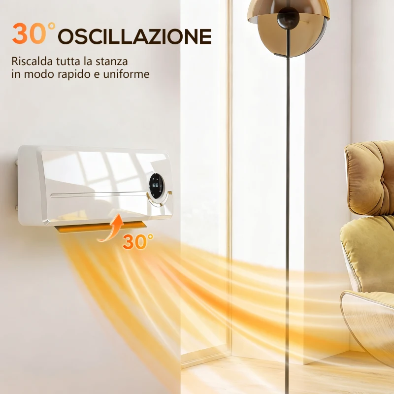 HOMCOM  Stufa Ceramica 2000W a Parete con 3 Modalità, Temperatura Regolabile, Timer, Telecomando, Blocco Bambini, Bianco