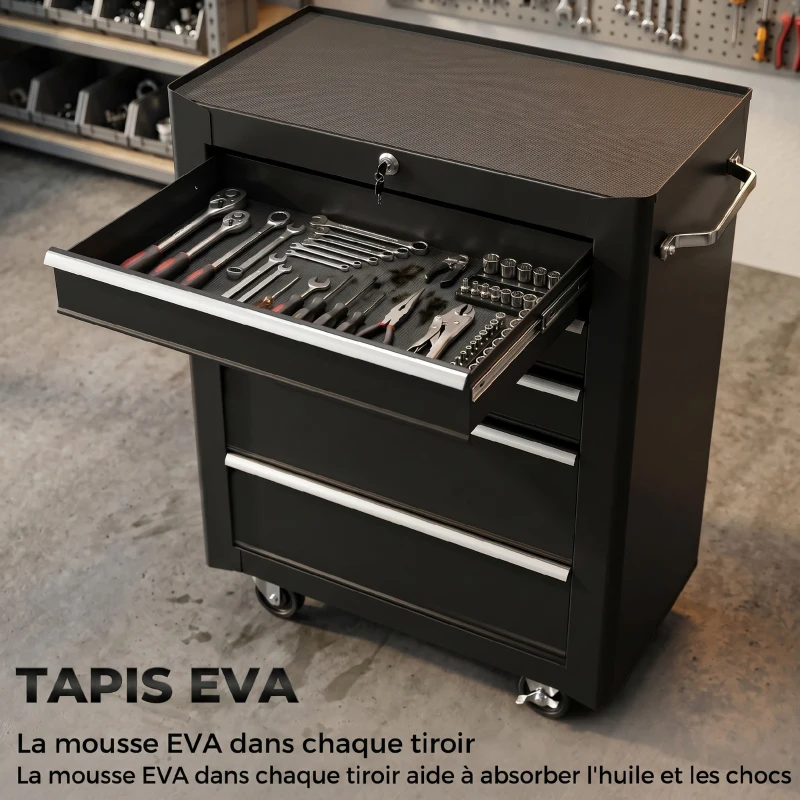 HOMCOM Chariot à outils sur roulettes, Servante d'atelier en acier 5 tiroirs verrouillable 2 clés, 61,5 x 33 x 82,5 cm, noir