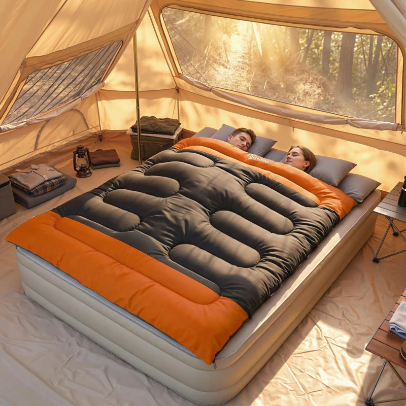 Outsunny Double Sleeping Bag with 2 Pillows, 220 x 160 cm Extra-Large Sleeping Bag for Adults, Grey and Orange