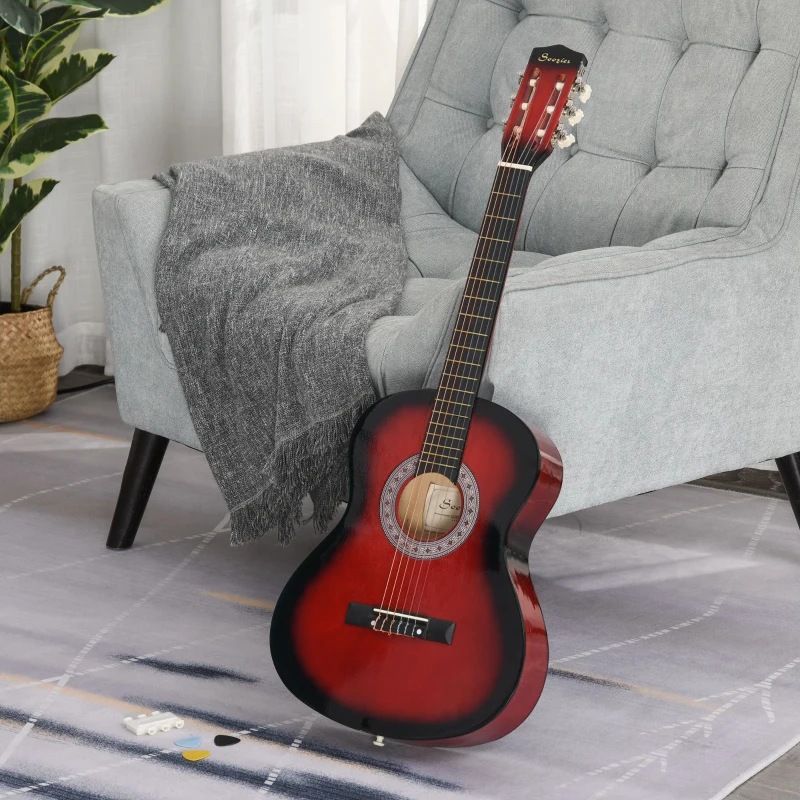 HOMCOM 36" 3/4 Beginner Acoustic Guitar Set, with Protective Case, Red