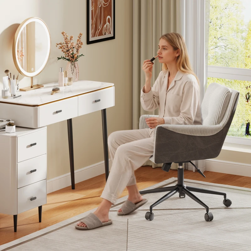 Homeoffice- und Schminkstuhl, höhenverstellbar, 360° drehbar, leise Rollen, 56x44.5x81 cm, Weiß