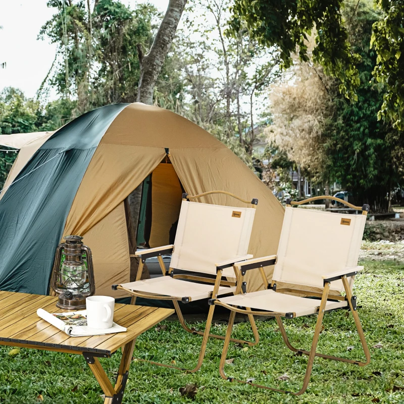 Outsunny Set 2 Sillas de Jardín Plegables con Reposabrazos Sillas para Camping y Playa en Tela Oxford y Acero 54x59x78 cm Caqui