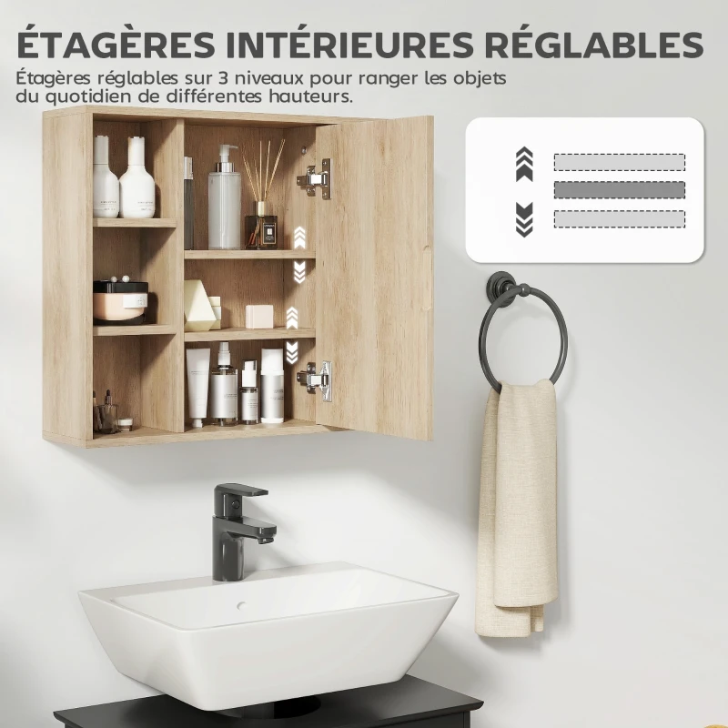 HOMCOM Meuble salle de bain avec miroir, placard à portes et 6 compartiments ouverts, 60 x 14,5 x 49,4 cm, bois naturel