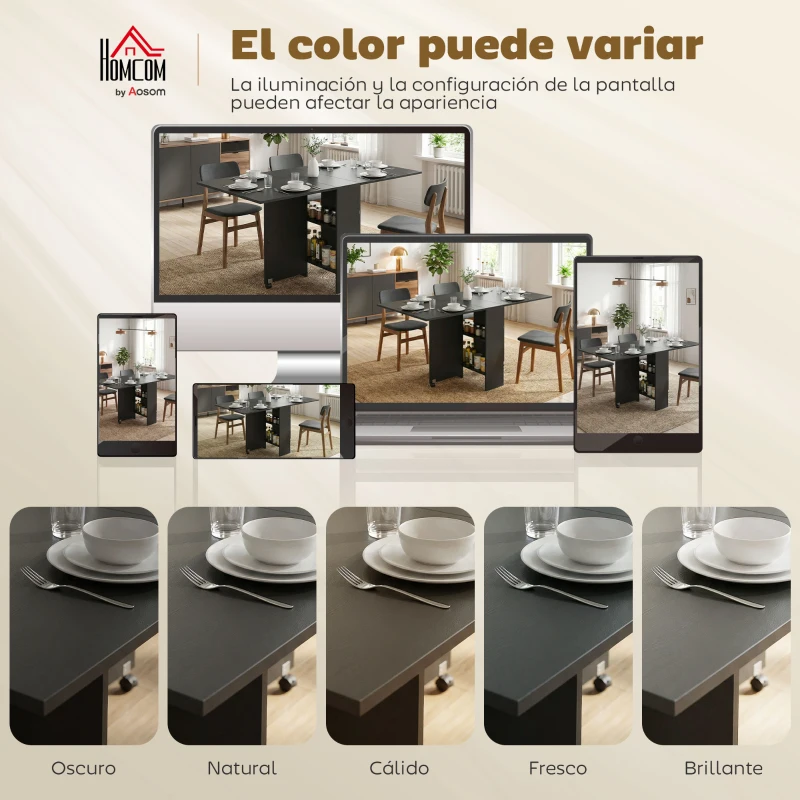 HOMCOM Mesa de Cocina Plegable con 2 Ruedas 2 Estantes de Almacenaje y 2 Alas Abatibles Estilo Moderno 75x140x74 cm Negro