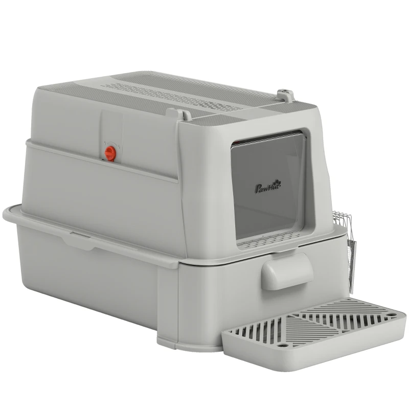 PawHut Caixa de Areia para Gatos de Aço Inoxidável XL com Tampa Articulada 180° Laterais Altas Pedal Pá 63x43x43 cm Cinza Claro