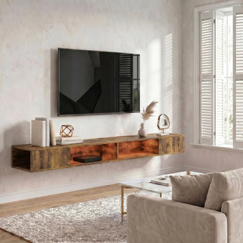 HOMCOM Wall Mounted TV Stand with RGB LED Lights, Floating Entertainment Centre for 75 Inch TV, Rustic Brown