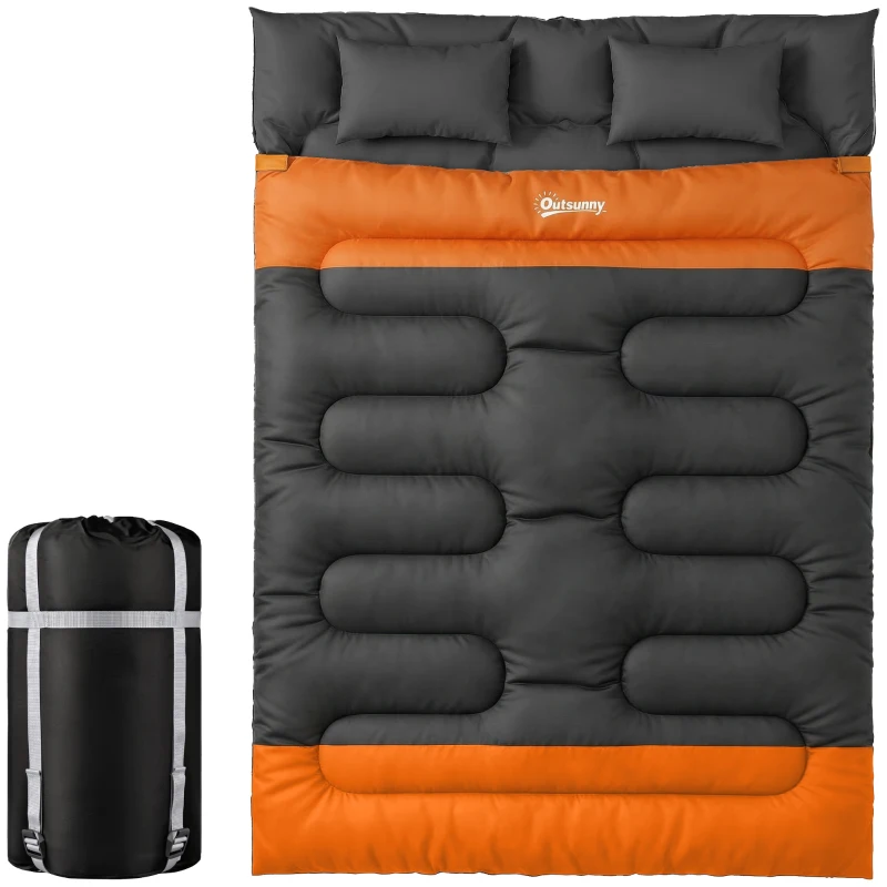 Outsunny Double Sleeping Bag with 2 Pillows, 220 x 160 cm Extra-Large Sleeping Bag for Adults, Grey and Orange