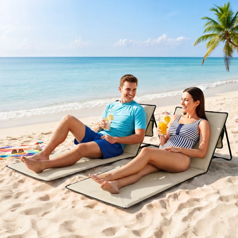 Outsunny Conjunto de 2 Esterillas de Playa con Respaldo Reclinable y Correa de Transporte para Jardín Camping 142x51x40 cm Beige