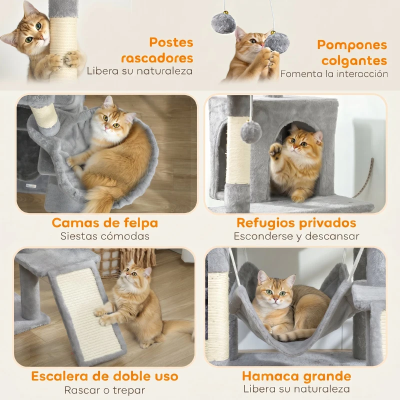 PawHut Árbol Rascador Grande para Gatos 192 cm con 3 Camas 2 Casitas 2 Hamacas Escalera Rascadora Postes de Sisal Gris Claro