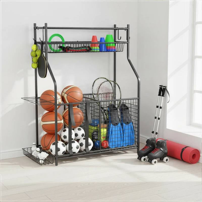 SPORTNOW Organizador de Equipamentos Desportivos com Cesta Ganchos Removíveis e Faixas Elásticas Suporte para Bolas 92x42x109 cm Preto