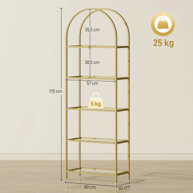 HOMCOM Estantería de Vidrio de 5 Niveles Estantería Almacenaje Estructura Arqueada Librería Estrecha 60x30x175 cm Dorado