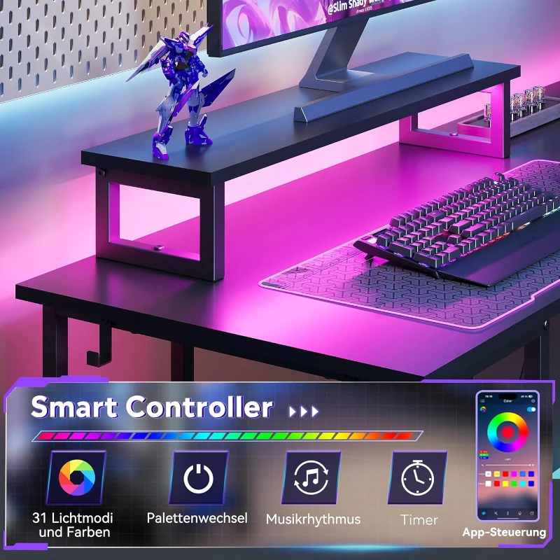 2-in-1 Gaming-Schreibtisch, wandelbar als L- oder I-Form, erhöhte Monitorablage, 140x50x87.5 cm, Schwarz