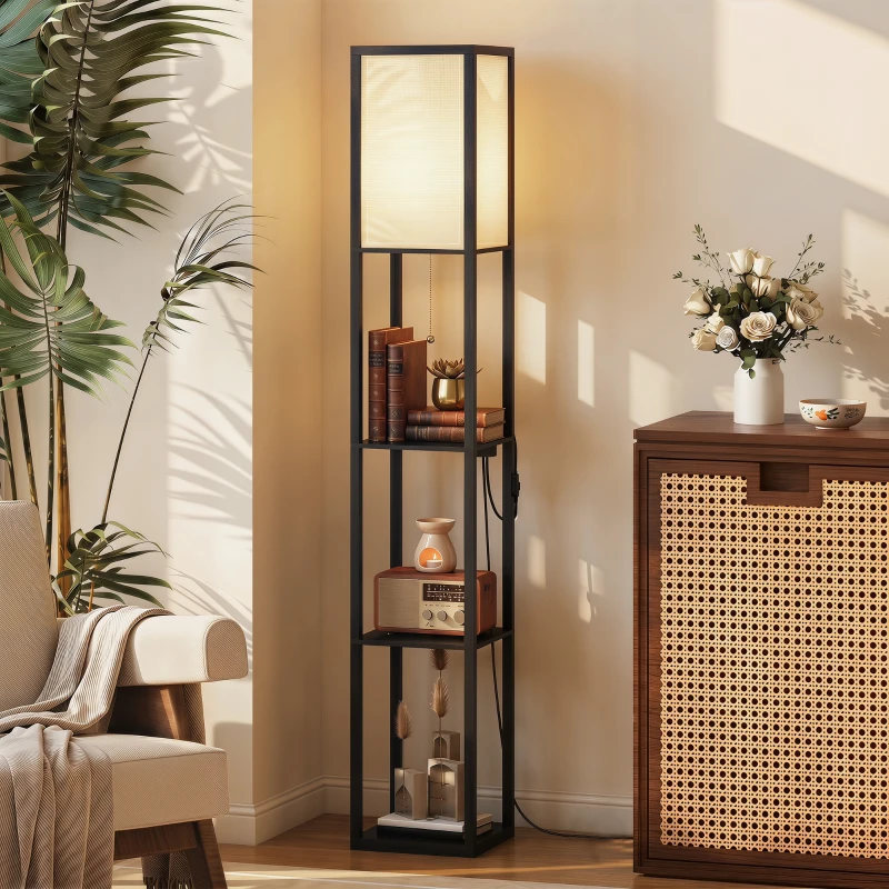 HOMCOM LED vloerlamp met planken, dimbaar, kettingschakelaar & stekkerdoos, zwart