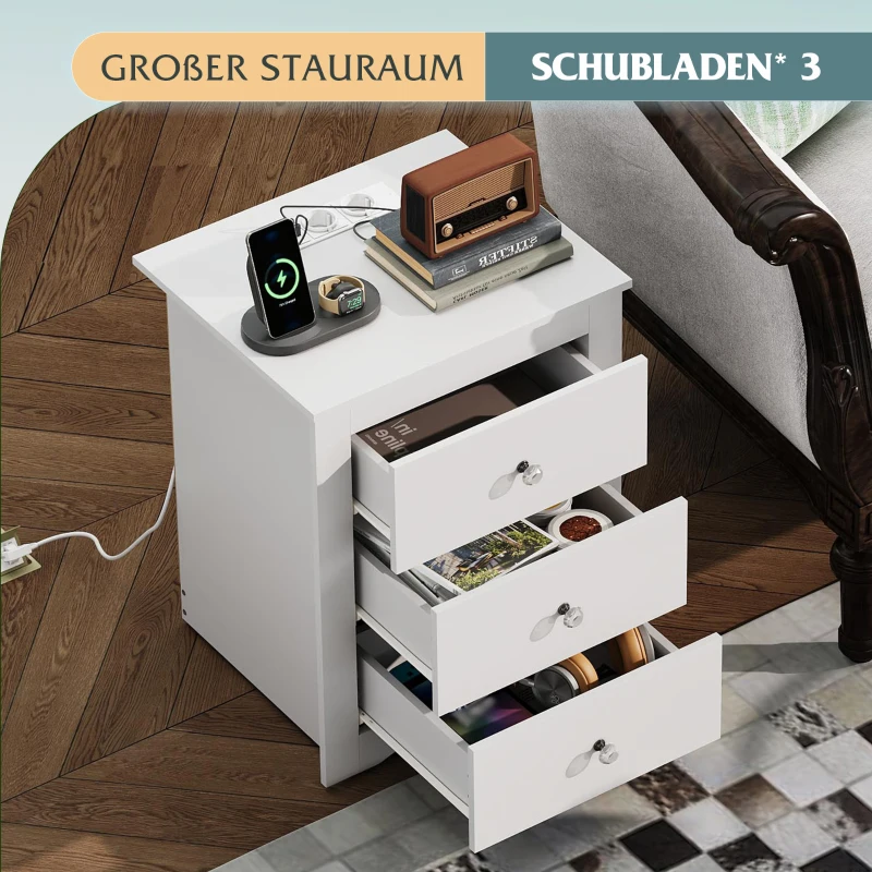 Nachttisch mit 3 Schubladen, integrierte Ladestation, modernes rustikales Design, 46.5x39.6x58.7 cm, Weiß