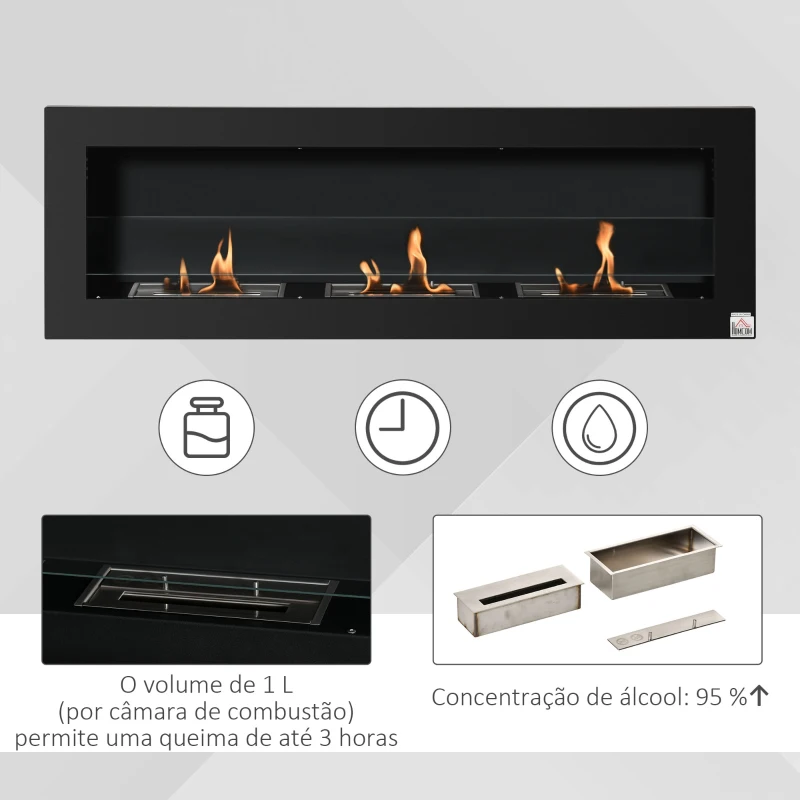 HOMCOM Lareira de Bioetanol de Parede com Depósito de 1 L Tempo de Combustão 3H para Interiores 20 m² 120x15x40 cm Preto