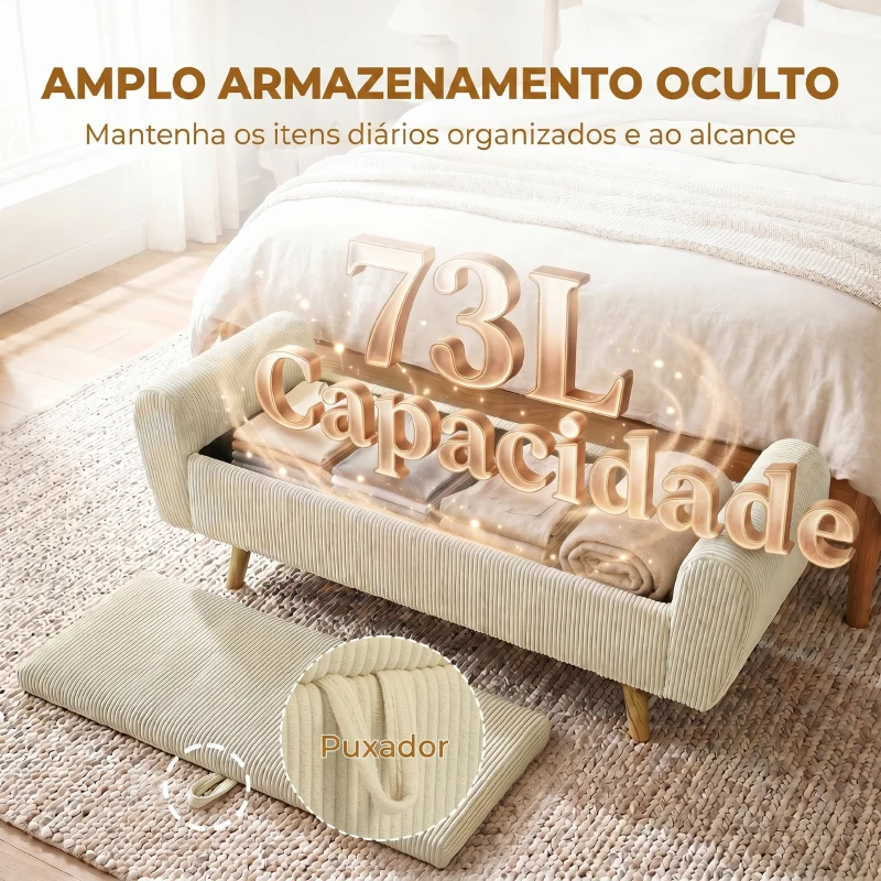 HOMCOM Banco de Arrumação 150 cm Estofado em Veludo Banco de Fundo de Cama com Braços Arredondados e Pés de Madeira Bege
