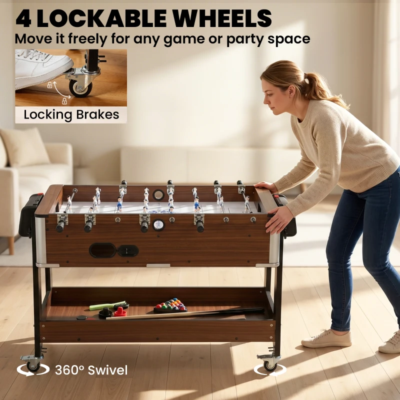 SPORTNOW 3 in 1 Multi Game Table, 3.4ft Reversible Air Hockey Pool Football Games Table with Lockable Wheels, Storage Shelf