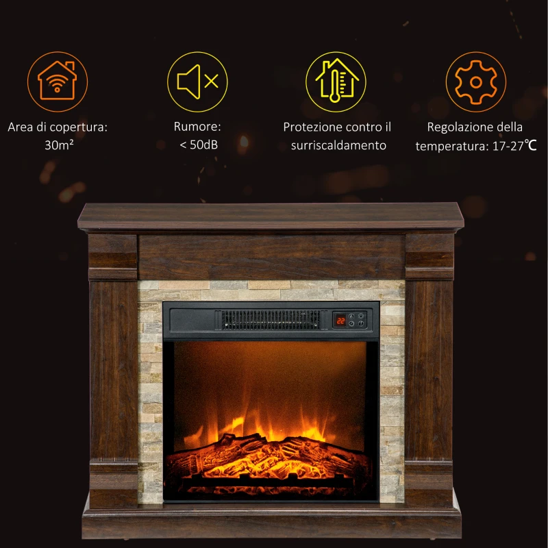 HOMCOM Camino Elettrico da Terra con Timer, Fiamma e Temperatura Regolabile, 80x21.6x67.8 cm, Marrone