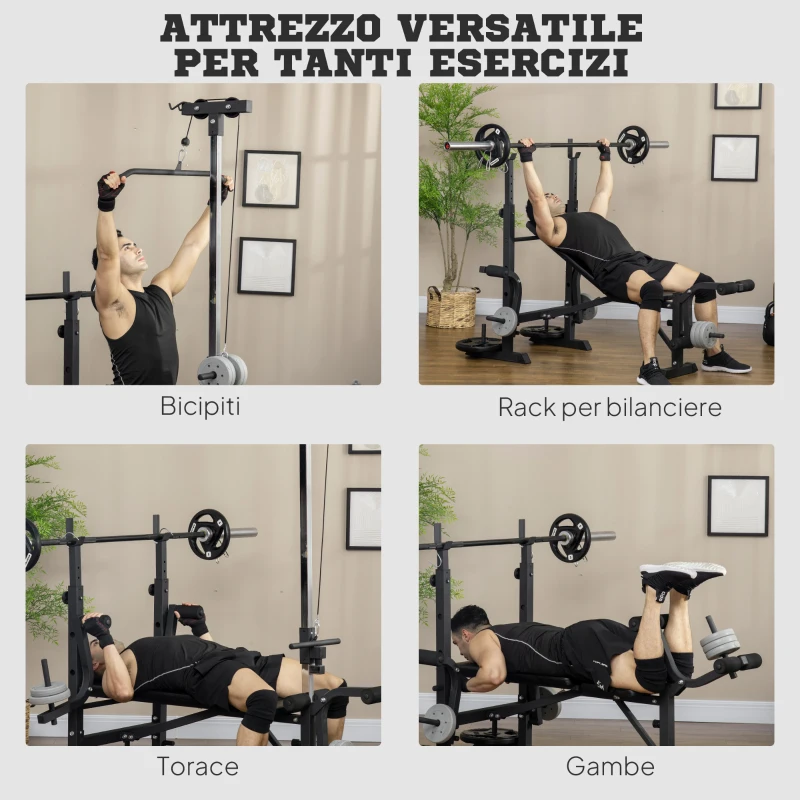 HOMCOM Panca Fitness con Leg Press, Squat Rack e Leg Extension, in Acciaio e PU, 180x134x200 cm, Nero e Argento