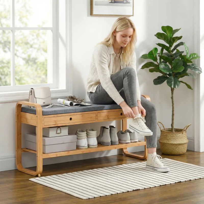 HOMCOM Shoe Bench with 2 Drawers Cushioned Seat Shoe Storage Bench for Hallway 105 cm Natural and Grey