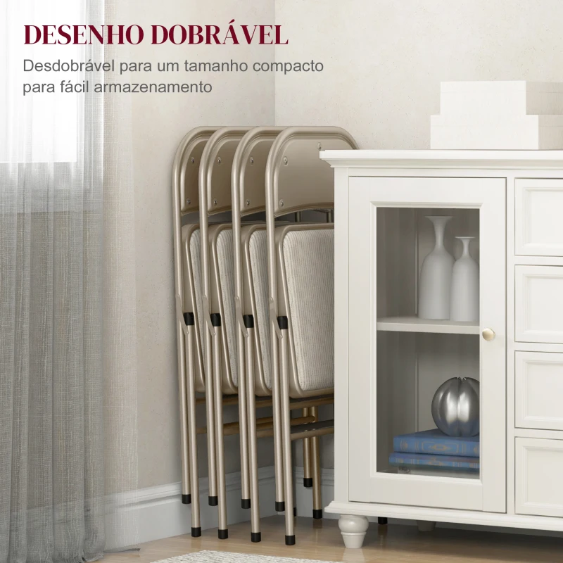 HOMCOM Conjunto de 4 Cadeiras Dobráveis com Encosto e Assento Acolchoado em Linho Sintético e Estrutura em Aço 45x46x78 cm Bege