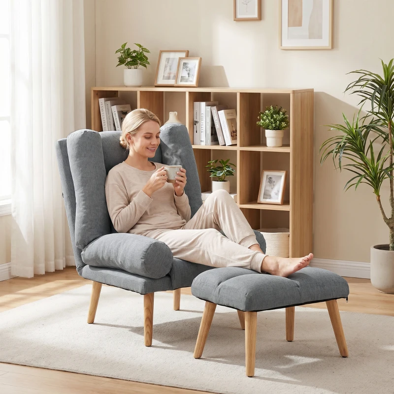HOMCOM Recliner Chair with Footstool, Recliner Armchair with Adjustable Backrest, Thick Cushion and Wooden Legs, Grey