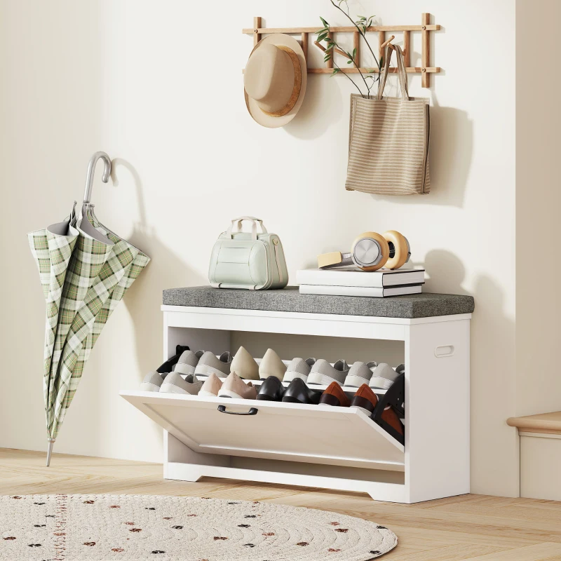 HOMCOM Banco Sapateira Moderno com Assento Acolchoado Prateleira Ajustável para 8 Pares de Sapatos 80x30x50 cm Branco