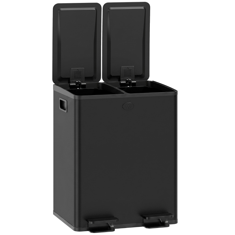 HOMCOM Papelera de Cocina de Acero Inoxidable con 2 Compartimentos 2x20L Pedal Tapas de Cierre Suave y Cubo Extraíble Negro