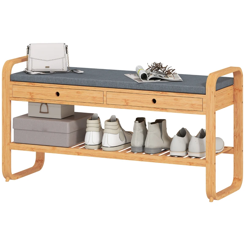 HOMCOM Shoe Bench with 2 Drawers Cushioned Seat Shoe Storage Bench for Hallway 105 cm Natural and Grey