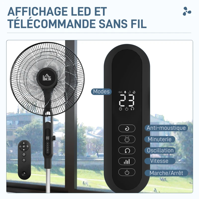 HOMCOM Ventilateur sur pied Ø 42cm 40W 3 modes 28 vitesses, fonction anti-moustique, hauteur réglable oscillant 75° noir