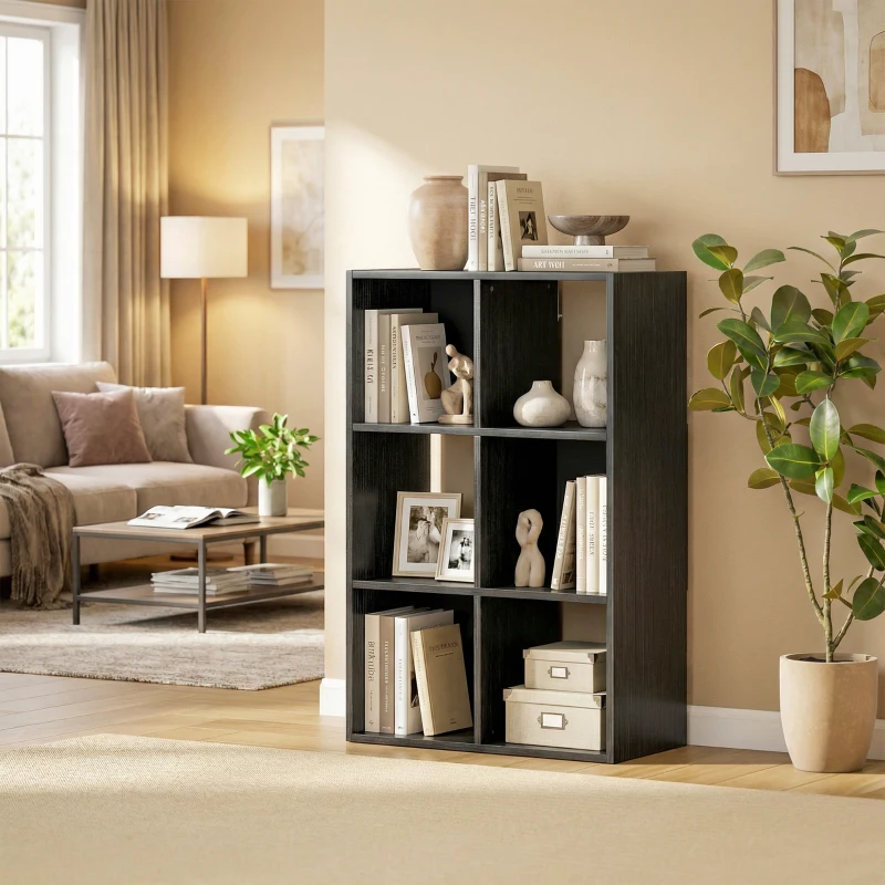 HOMCOM Industrial Style Storage Shelf, Bookcase, Bookshelf with 6 Compartments, for Living Room, Home Study, Black Wood Effect