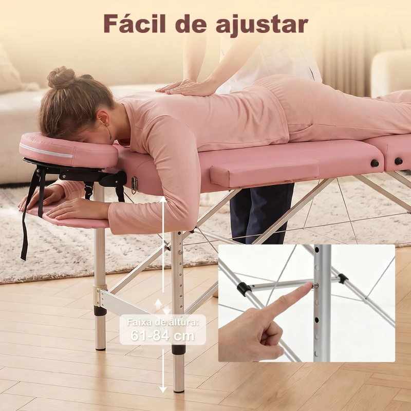 HOMCOM Marquesa de Massagem Dobrável em Alumínio com Altura Ajustável, Apoio de Cabeça e Estrutura Estável, Rosa